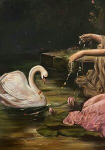 قسمتی از نقاشی at the swan lake اثر hans zatzka